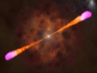 Artist concept of a jet of particles piercing a star as it collapses into a black hole during a typical gamma-ray burst (GRB). GRBs are the most energetic and luminous electromagnetic events since the Big Bang. Credit: NASA